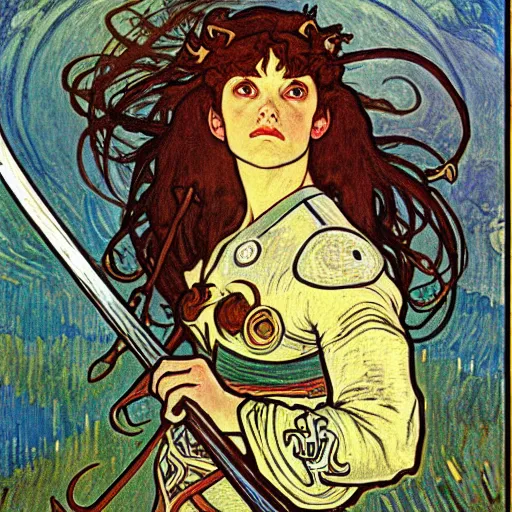 Image similar to painting of elf paladin with long dark hair fighting goblins with his sword, wearing armor, modest, art by alphonse mucha, vincent van gogh, egon schiele,