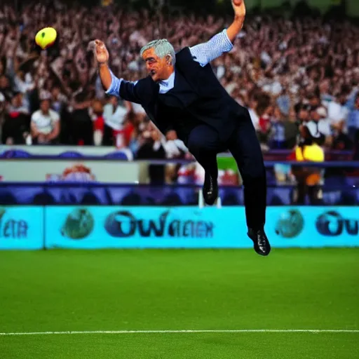 Prompt: jose mourinho flying in the sky throwing lasers from his eyes, award winning photograph