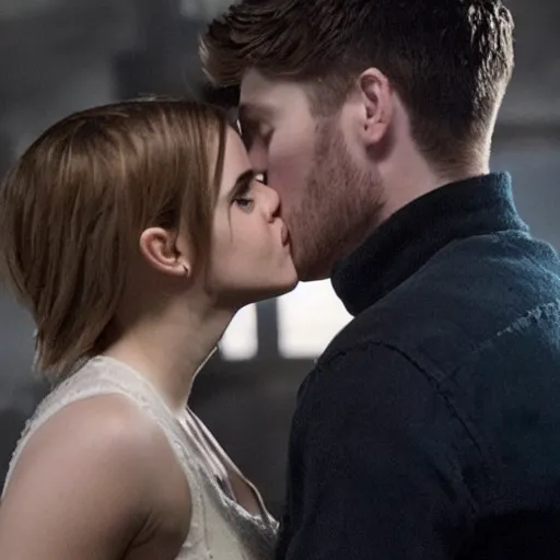 Prompt: still of emma watson kissing dean in supernatural