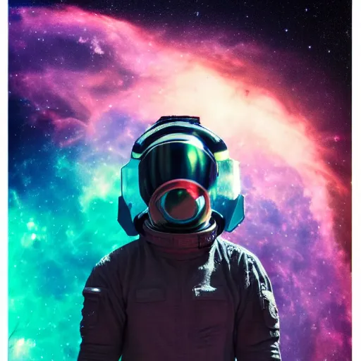 Image similar to modern double exposure monochrome spacesuit over a brilliant iridescent nebula. orange, pink, purple color ombre.