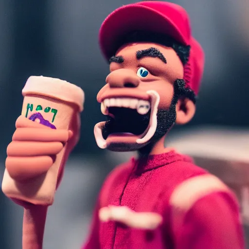 Image similar to a cinematic film still of a claymation stop motion film starring chance the rapper as a college student, shallow depth of field, 8 0 mm, f 1. 8