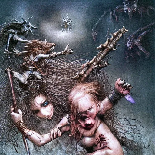 Image similar to barbarian girl fighting small cute goblins by Luis Royo and Beksinski