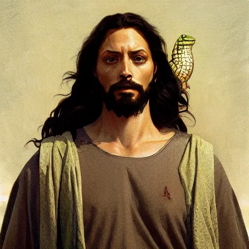 Prompt: surrealist painting of jesus with the head of a lizard, close up, surrealist, intricate, elegant, highly detailed, digital painting, artstation, concept art, smooth, sharp focus, illustration, art by greg rutkowski and alphonse mucha