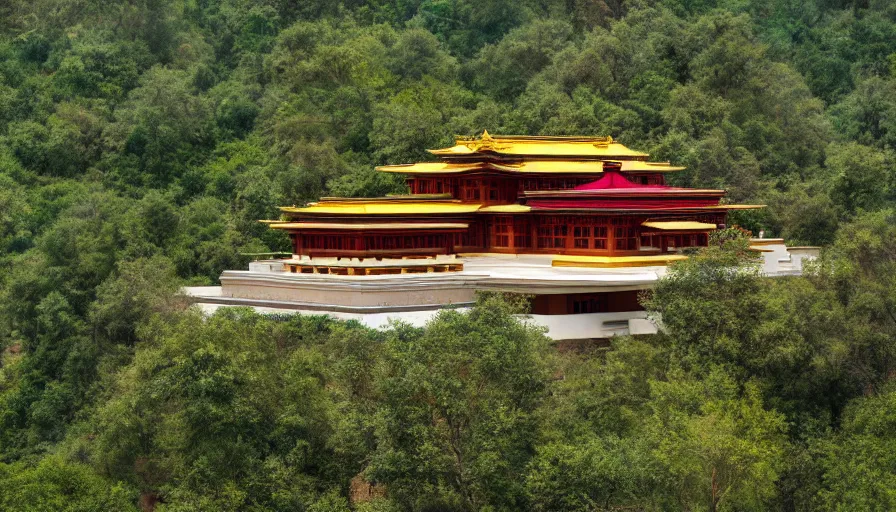 Image similar to temple villa inspired by tibetan architecture, on a green hill, overlooking a valley with trees, frank lloyd wright, photorealistic, birds eye view