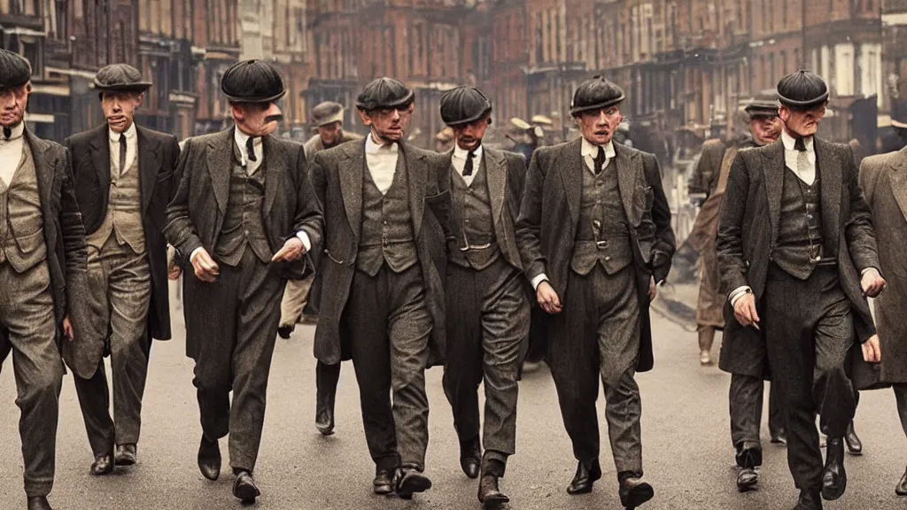 Prompt: a group peanut mans dressed like the peaky blinders