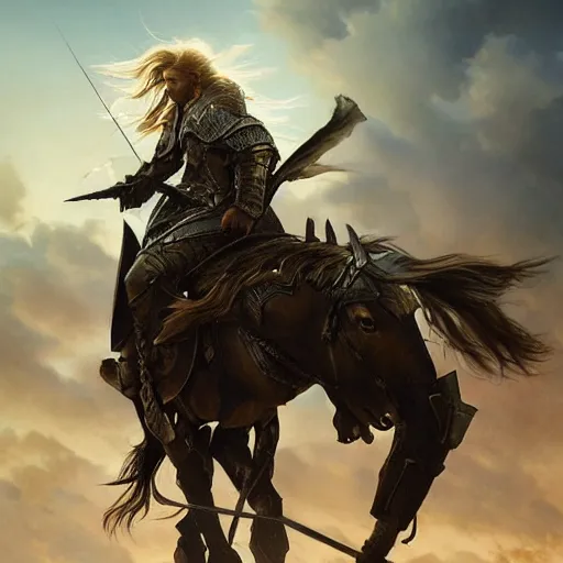 Prompt: Chris Hemsworth riding an armored warhorse into battle, D&D style, fantasy, intricate, elegant, highly detailed, digital painting, artstation, concept art, matte, sharp focus, illustration, art by Artgerm and Greg Rutkowski and Alphonse Mucha