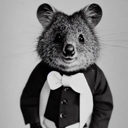 Prompt: a quokka wearing a tuxedo, antique black and white photograph