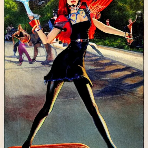 Prompt: Harley Queen as a skater, artwork by Earl Norem,