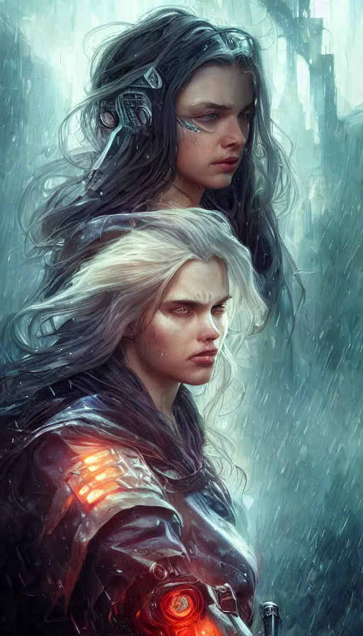 Image similar to furious gorgeous woman, lord of the rings, cyberpunk, rain, tears, insane, intricate, highly detailed, digital painting, artstation, concept art, smooth, sharp focus, illustration, Unreal Engine 5, 8K, art by artgerm and greg rutkowski and alphonse mucha