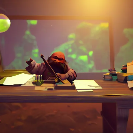 Prompt: A dwarf peeking over his desk surprised, the desk is covered in scattered papers, deep rock galactic screenshot, low poly, digital art.