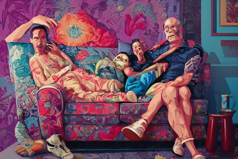 Image similar to a zombie dad on the couch, Tristan Eaton, victo ngai, artgerm, RHADS, ross draws