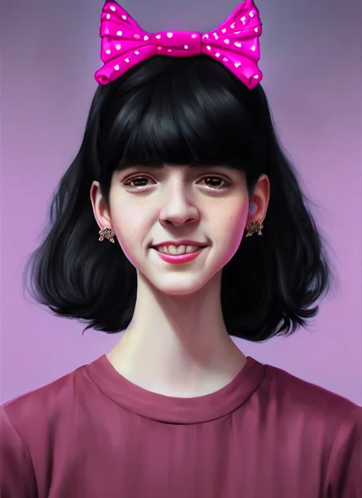 Image similar to portrait of high school girl, realistic, black hair, bangs, half updo hairstyle, pointy nose, skinny, smile, ugly, defined jawline, big chin, pink hair bow, earrings, intricate, elegant, glowing lights, highly detailed, digital painting, artstation, sharp focus, illustration, art by wlop, mars ravelo and greg rutkowski