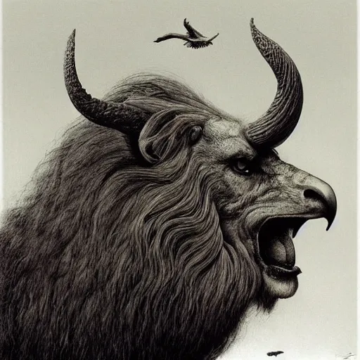 Image similar to the man with the beak of an eagle, the mane of a lion, the horns of a bull. drawn by zdzislaw beksinski