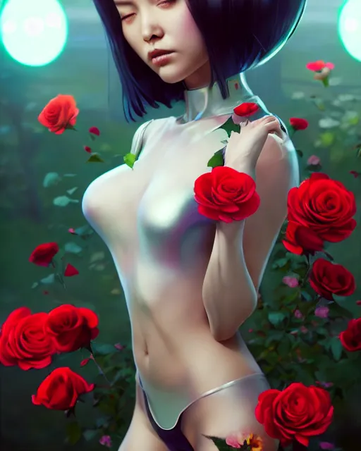 Prompt: perfect android girl, roses in hair, cyborg, flowers, metallic surface, cinematic lighting, garden, utopia, beautiful girl, kim hyun joo, advanced technology, futuristic, art by ilya kuvshinov and akiko takase and eugene gottsnake and stanislav istratov and su fu and antoine collignon