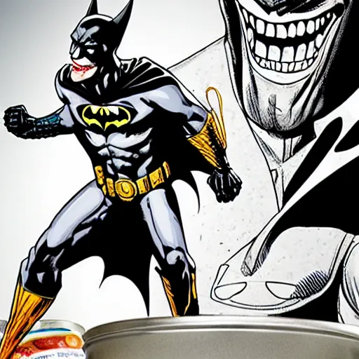 Prompt: batman and joker sharing a nice tin of beans