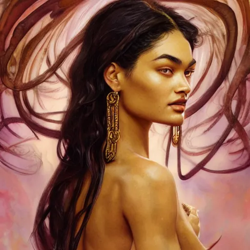 Prompt: Portrait of a Shanina Shaik as Medusa, Watercolor, photorealistic, high resolution, award winning, trending on artstation, olive skin, long dark hair, beautiful bone structure, intricate, elegant, highly detailed, digital painting, artstation, concept art, smooth, sharp focus, illustration, art by artgerm and greg rutkowski and alphonse mucha