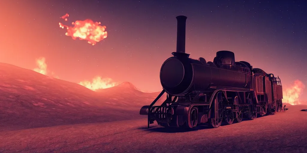 Prompt: a long, foreboding black steam engine travelling through the desert at night- tall bright flames and thick black smoke coming from the engine; artstation, octane render, cgi, cgsociety, volumetric lighting, cinematic, ray traced, ambient occlusion, depth of field