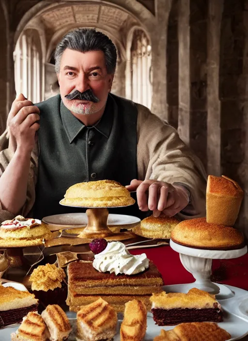 Image similar to closeup portrait of a medieval stalin eating cakes in the cloisters, depth of field, zeiss lens, detailed, symmetrical, centered, fashion photoshoot, by Annie Leibovitz and Steve McCurry, David Lazar, Jimmy Nelsson, Breathtaking, 8k resolution, extremely detailed, beautiful, establishing shot, artistic, hyperrealistic, beautiful face, octane render