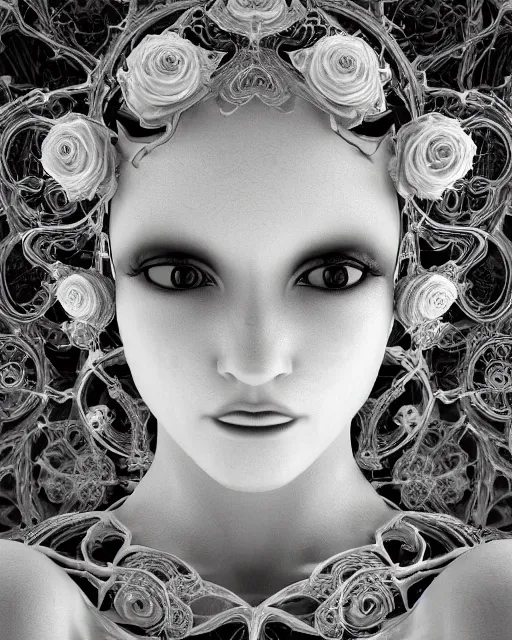 Image similar to mythical dreamy black and white organic bio - mechanical spinal ribbed profile face portrait detail of translucent steampunk beautiful female angelic - human - queen - vegetal - cyborg, highly detailed, intricate crystal ivy jelly ornate, poetic, translucent roses ornate, 3 d render, digital art, octane render, 8 k artistic photography, photo - realistic, by dora maar