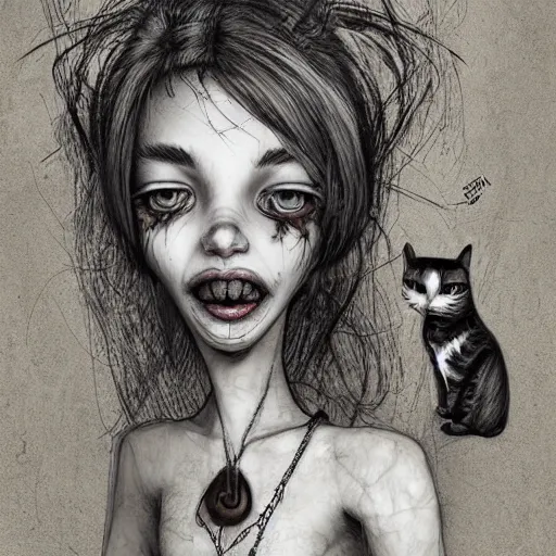 Image similar to grunge cartoon sketch of a human mixed with a cat with a wide smile by - michael karcz, loony toons style, horror theme, detailed, elegant, intricate