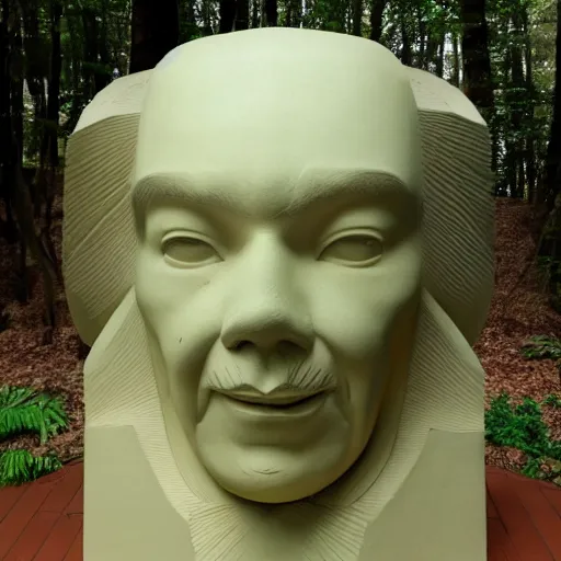 Image similar to human face built by frank lloyd wright, lush trees, 8 k