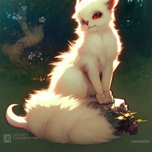 Image similar to Cuddly fuzzy fluffy animal, furry, cute, kawaii, illustration, art by Krenz Cushart and Artem Demura and alphonse mucha