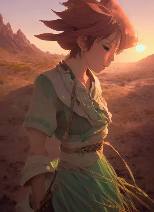 Prompt: a portrait of the emerald herald in the desert, intricate, tone mapped, ambient lighting, highly detailed, digital painting, concept art, sharp focus, by makoto shinkai and akihiko yoshida and hidari and wlop