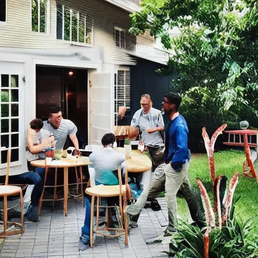 Prompt: “men walking into a backyard to find a table filled with milkshakes”