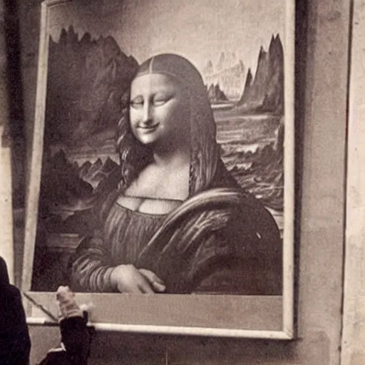 Prompt: old vintage photo from behind of leonardo da vinci painting his unfinished painting of monalisa