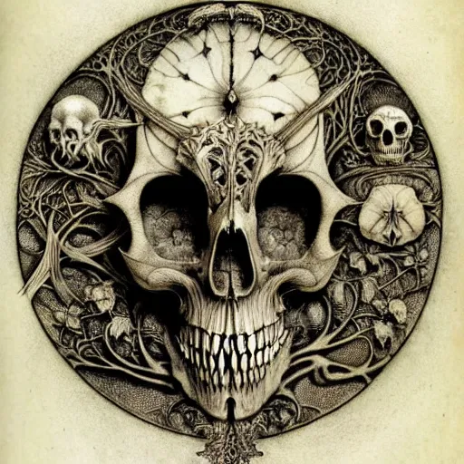 Image similar to memento mori by arthur rackham, art forms of nature by ernst haeckel, exquisitely detailed, art nouveau, gothic, ornately carved beautiful skull dominant, intricately carved antique bone, art nouveau botanicals, ornamental bone carvings, art forms of nature by ernst haeckel, horizontal symmetry, arthur rackham, ernst haeckel, symbolist, visionary