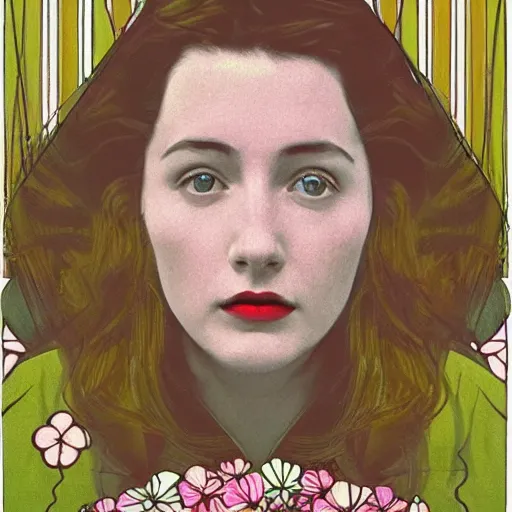 Image similar to a lot of flowers morphing in a beautiful girls face, film still by wes anderson, depicted by mackintosh, limited color palette, very intricate, art nouveau, highly detailed, lights by hopper, soft pastel colors, minimalist