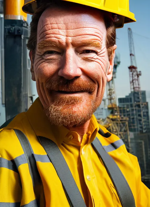 Image similar to closeup portrait of cheerful bryan cranston as a crane operator, yellow hardhat, sitting in a crane, natural light, bloom, detailed face, magazine, press, photo, steve mccurry, david lazar, canon, nikon, focus