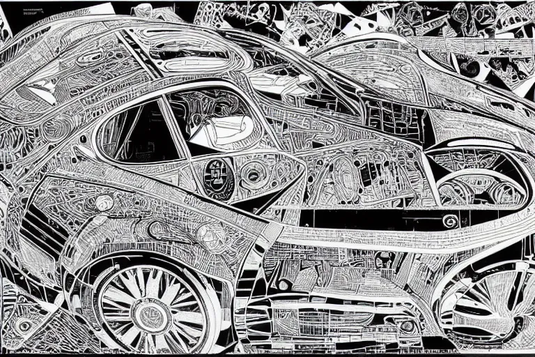 Image similar to a black and white drawing of a porsche 9 5 9 deconstructed schematic, a detailed mixed media collage by hiroki tsukuda and eduardo paolozzi and moebius, intricate linework, sketchbook psychedelic doodle comic drawing, geometric, street art, polycount, deconstructivism, matte drawing, academic art, constructivism