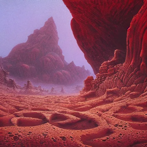 Prompt: only red colour, alien landscape filled with succulents, filigree ornaments, wadi rum, jordan, volumetric lights, beksinski