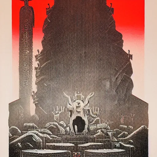 Prompt: soviet propaganda poster of a shrine to moloch in the style of beksinski