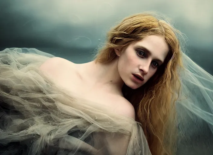 Prompt: kodak portra 1 0 0 a realistic photo medium fine art portrait of a pre - raphaelite blond beautiful woman in style of annie liebovitz by roberto ferri, shoulders draped by black tulle, dreamy mood,, 1 5 0 mm, emotionally evoking, head in focus, stormy marine outdoor, matt mute colours, volumetric lighting, ultra detailed