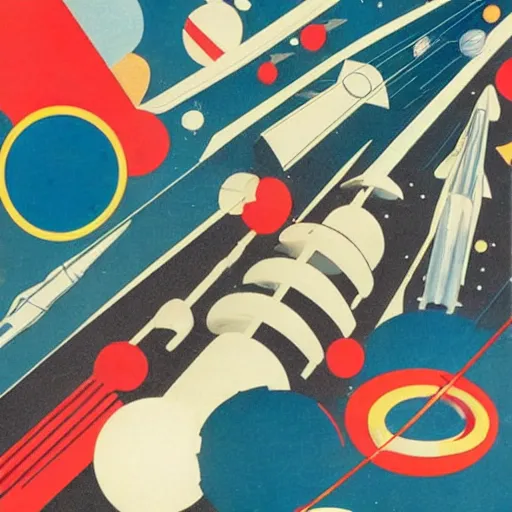 Prompt: an abstract mid - century modern collage of random shapes cut from vintage science and fashion magazines depicting the future of space travel as imagined in 1 9 5 6. nasa.