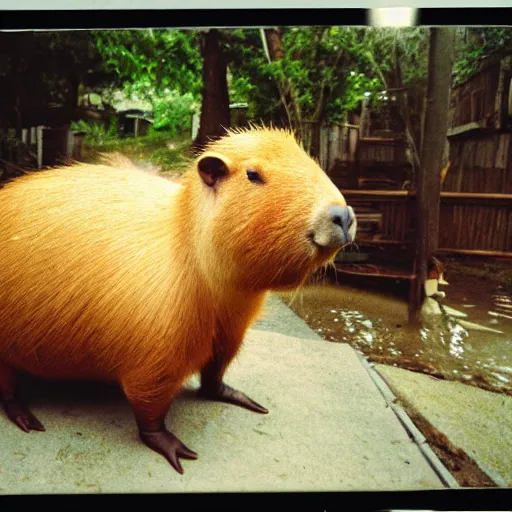 Image similar to Fancy capybara getting ready for a dinner at the festival, polaroid