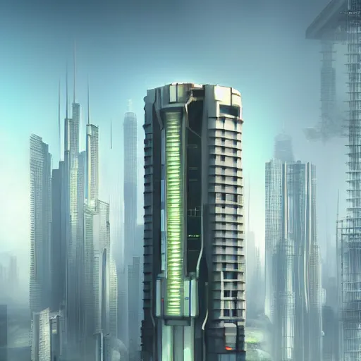 Prompt: singular!!! cyberpunk skyscraper rising to a cloud clear sunny day. lateral view showing the building from top to bottom. dynamic perspective, sharp focus, crisp lines, surrealism, concept art by dom qwek, trending on cg society, neofuturism, futuristic, volumetric lighting, aesthetic. digital matte painting