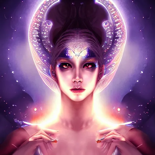 Prompt: a symmetrical portrait of a mystical feminine creature with glowing energies and particals, metal scales, surrounded by spirits, gloomy cinematic lighting, highly detailed, illustrated novel, by artgerm and miura