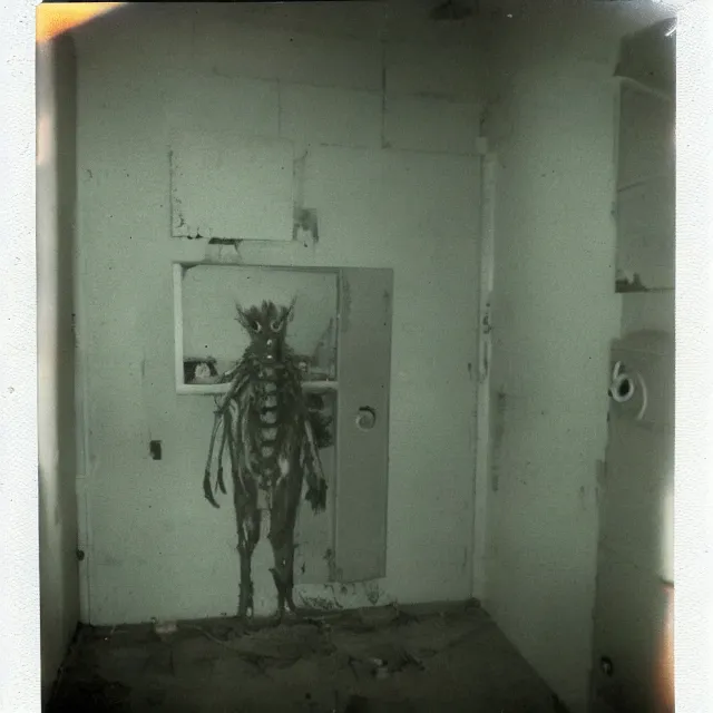 Image similar to found polaroid photo, flash, interior abandoned hospital, mutant creature standing