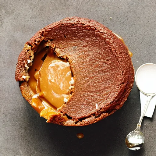 Image similar to a caramel toffee soufflé, cooked by a professional chef named santonio