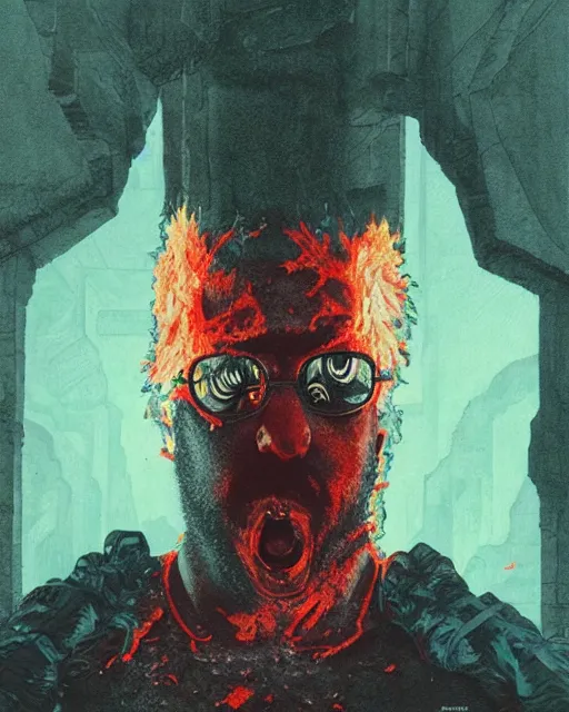 Image similar to sam hyde emerging from volcanic lava in cyberpunk theme by conrad roset, nicola samuri, dino valls, m. w. kaluta, rule of thirds, sigma male, gigachad look, beautiful