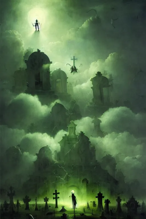 Prompt: hieronymus bosch, greg rutkowski, anna podedworna, painting of a cybernetic skeleton grim reaper floating down from the clouds, god rays, wide shot of a graveyard lit by spooky green lights