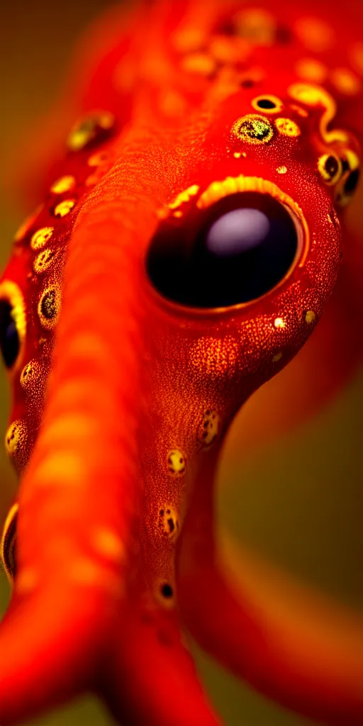 Image similar to fiery whimsical emotional eyes cephalopod, in a photorealistic macro photograph with shallow dof