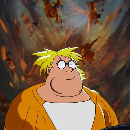 Image similar to peter griffin going super sayain, au naturel, hyper detailed, digital art, trending in artstation, cinematic lighting, studio quality, smooth render, unreal engine 5 rendered, octane rendered, art style by klimt and nixeu and ian sprigger and wlop and krenz cushart