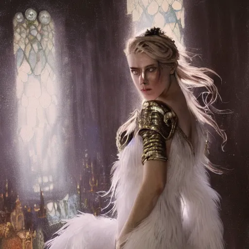 Image similar to hyperrealistic portrait of a woman as amber heard as the winter witch in throne room at night wearing white swan dress long feathers and sapphire jewellery by jeremy mann and alphonse mucha, fantasy art, photo realistic, dynamic lighting, artstation, poster, volumetric lighting, very detailed faces, 4 k, award winning