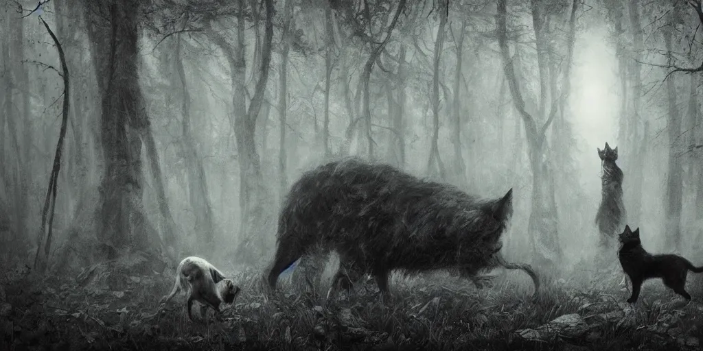 Image similar to a dog and cat find a strange huge creature in the woods, ominous atmosphere, dark environment, one source of orange light. art by artem demura and anton semenov