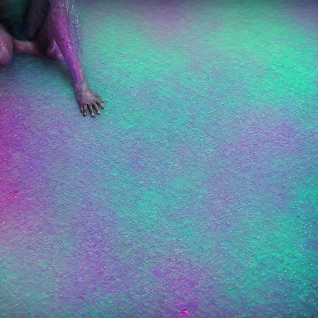 Prompt: close - up of iridiscent oil slick corpses connected by a transparent pipe to a wax form relaxing on yoga mat, faded, gradient, fog, smoke, depth of field, blur, very detailed, glitch, by nadav kander and hans bellmer, 8 k, ultrarealistic, ultradetailed, sad atmosphere, cinematic