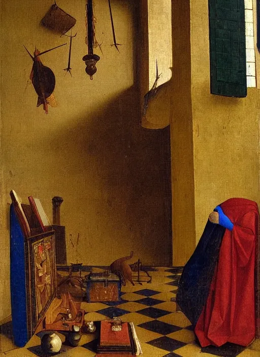 Image similar to bookchelf with curiosities, medieval painting by jan van eyck, johannes vermeer, florence